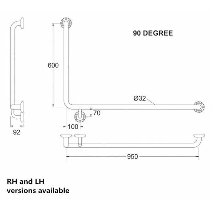 Assist Grab Rail 950*600mm Right Hand Bar 90 Degree Ambulant Accessories Special Needs Stainless Steel 304