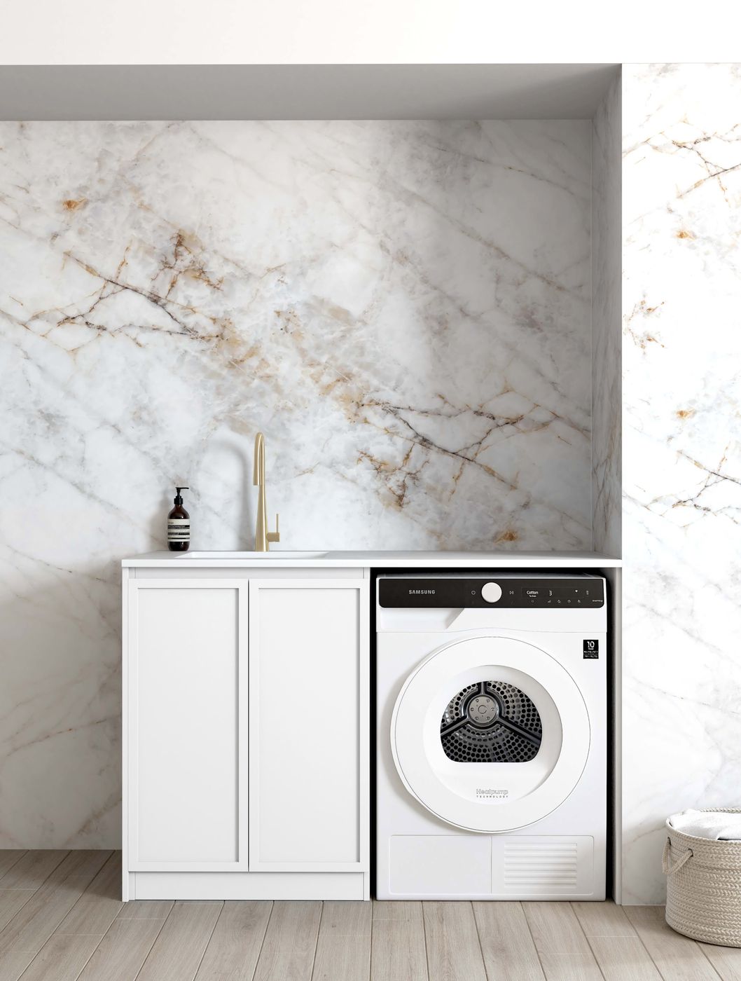 Otti Hampshire White Base Laundry Cabinet with Stone Top and Sink 1300x600x900