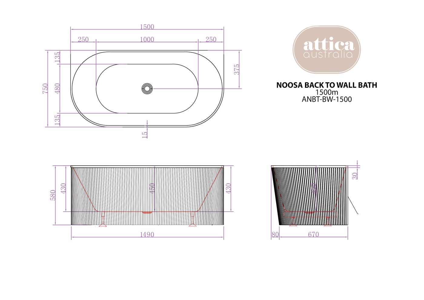 Otti Attica Noosa 1500 Matte White BTW Multi-fit Bath