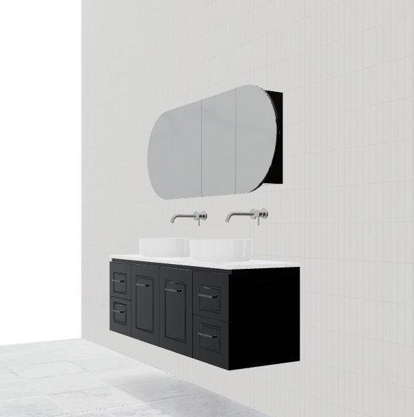 Timberline Nevada Classic 1500mm Wall Hung Vanity, Satin Black, Classic Routed Panel,Pure White 20mm Stone Top - Ideal Bathroom CentreNVC-V-1500-D-SSA-W(7158)