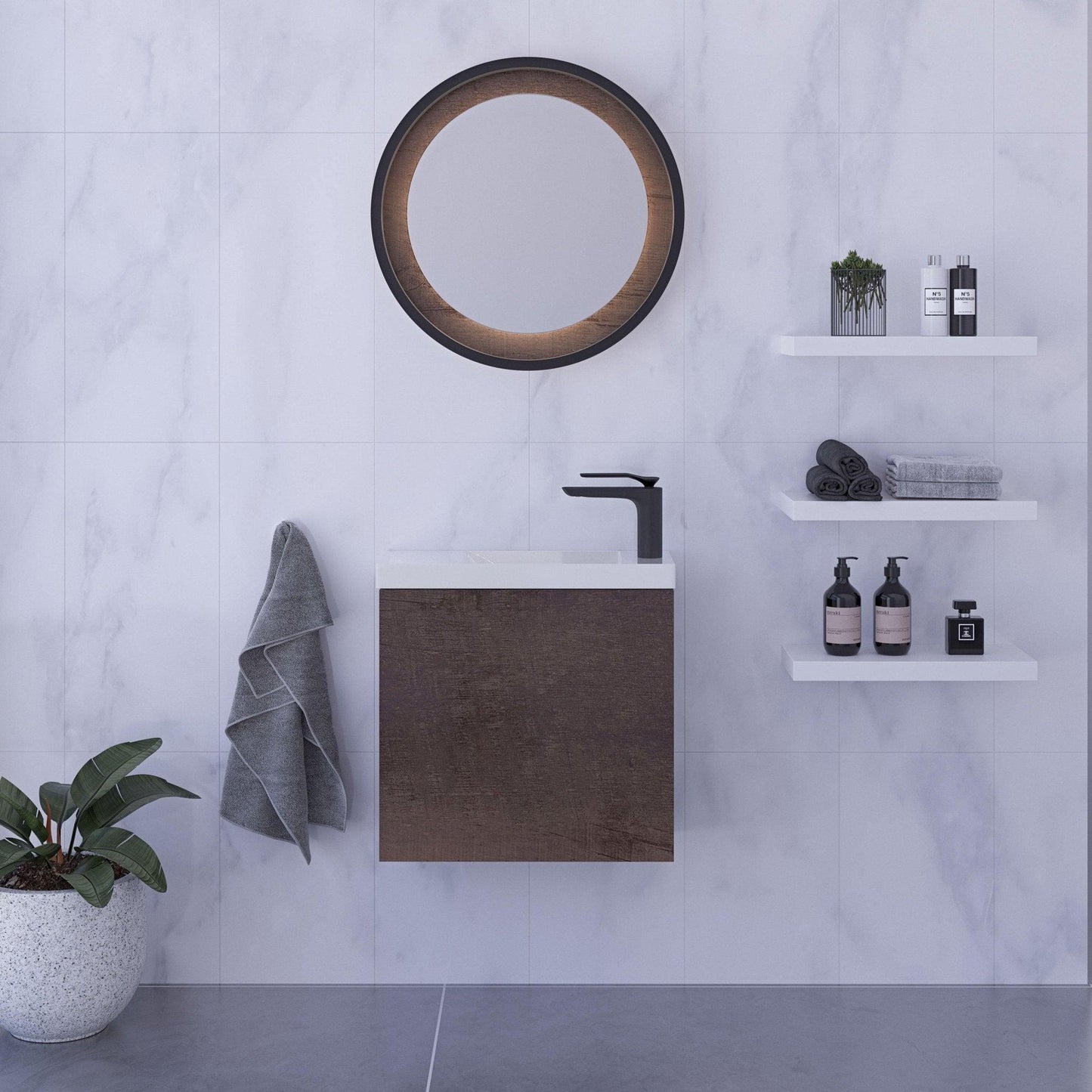 Timberline Ollie 550mm Small Space Vanity, Wall Hung, Milano Walnut, LH Hinges - Ideal Bathroom CentreOLL-V-550-L-NAN-W(ideal8094-1 )