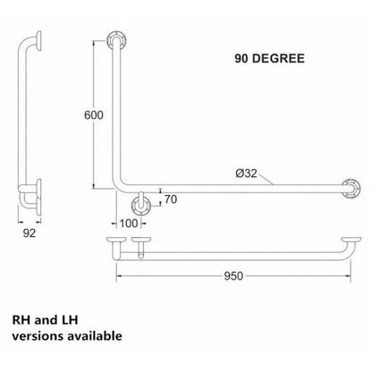 Assist Grab Rail 950*600mm Right Hand Bar 90 Degree Ambulant Accessories Special Needs Stainless Steel 304