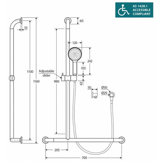 Fienza HUSTLE CARE Matte Black Inverted T Rail Shower, Right-Hand Disabled Shower
