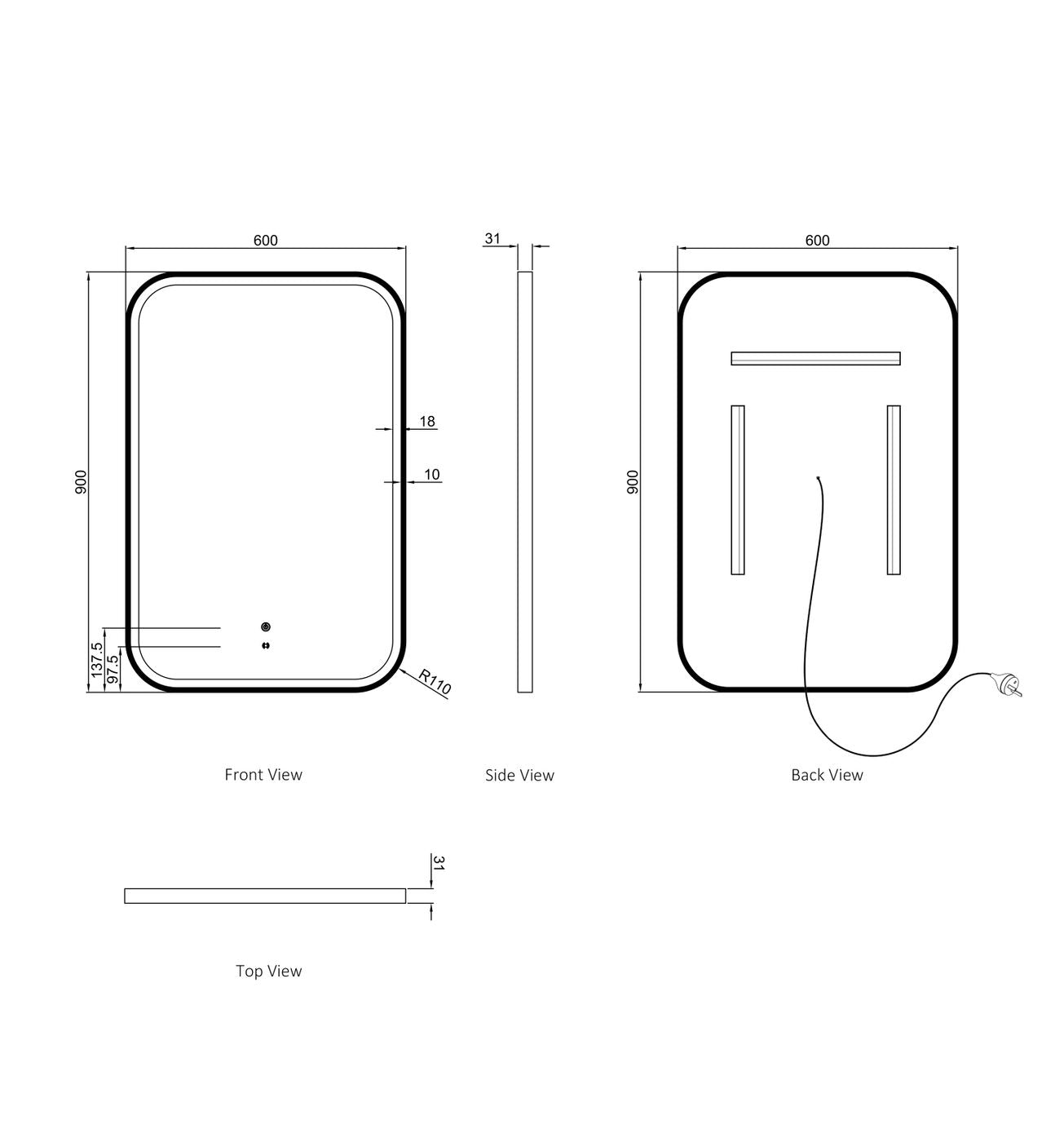Otti LED Newport 900(H)x600(W) White Metal Frame Mirror- Install Horizontal or Vertical