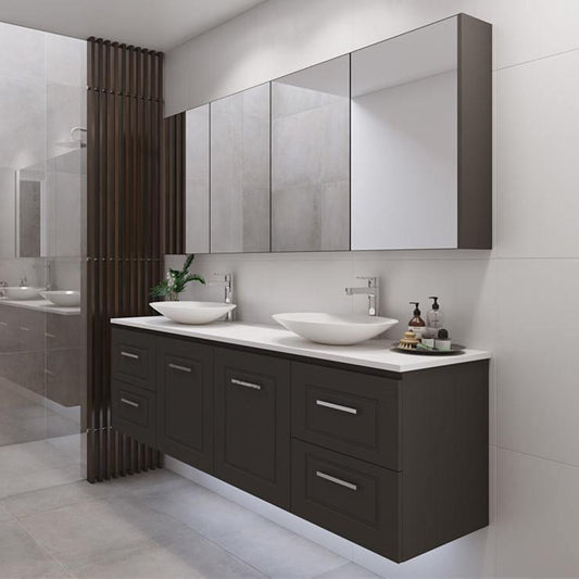 Timberline Nevada Classic 1500mm Wall Hung Vanity, Satin Black, Classic Routed Panel,Pure White 20mm Stone Top - Ideal Bathroom CentreNVC-V-1500-D-SSA-W(7158)